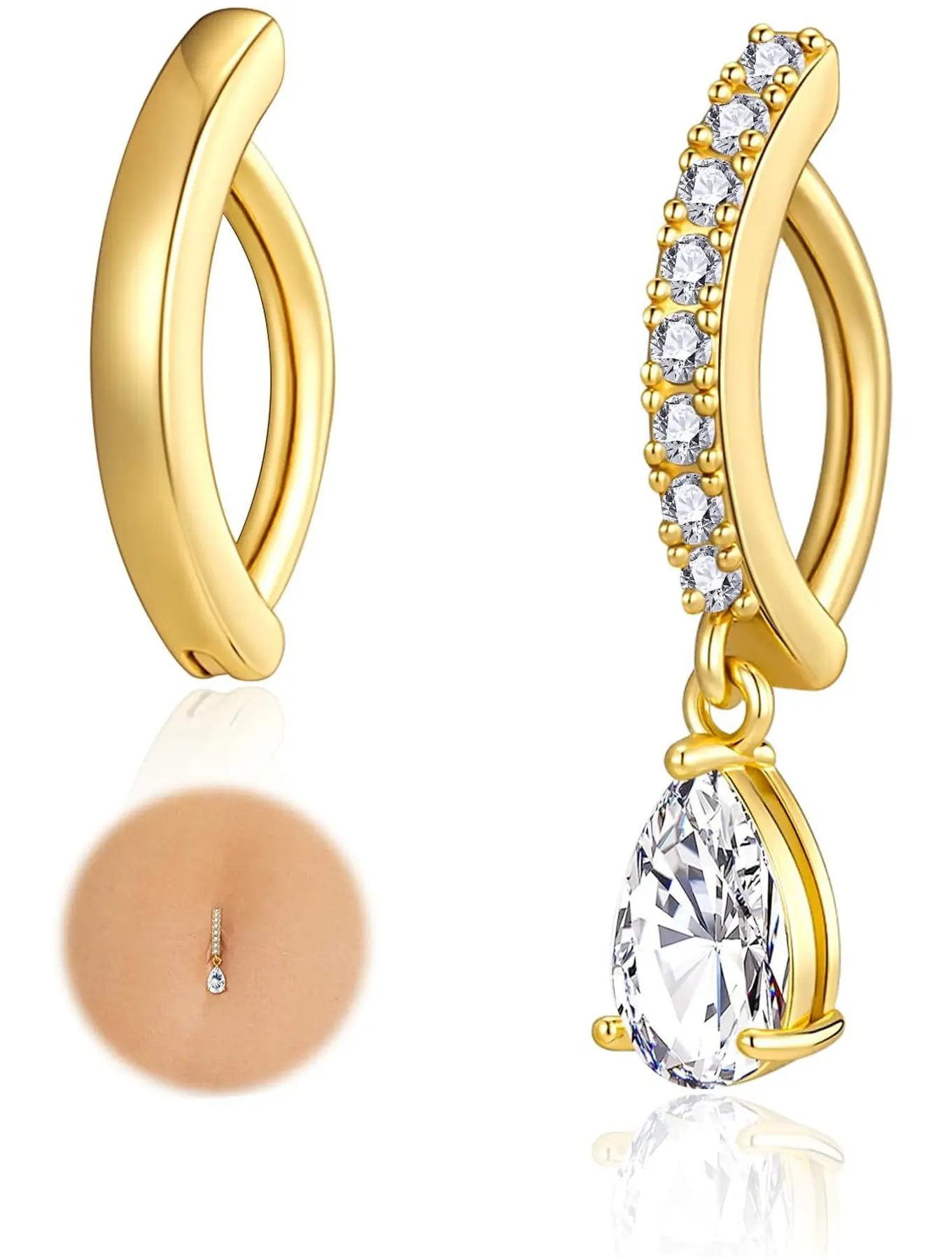 Women's Stainless Steel Cz Navel Rings 2-Piece Set, Belly Button Rings, Teardrop & Heart Pendants, Elegant Plain Design, Reversible Wear, 14g
