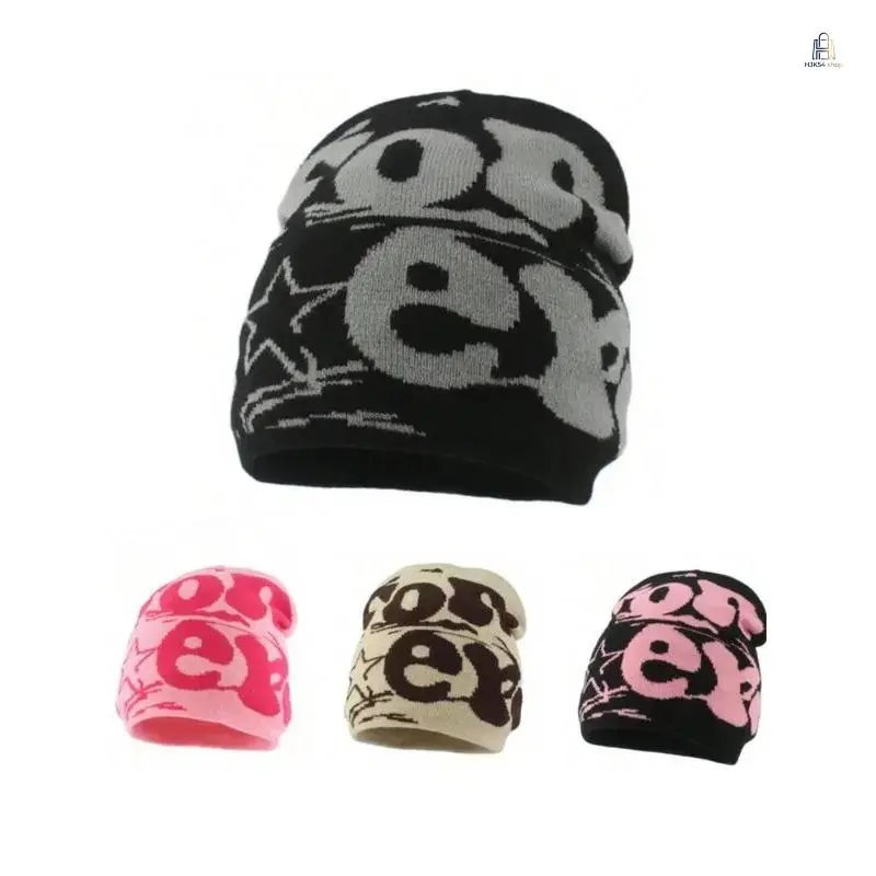 Unisex Y2K Letter Print Knit Beanie Hat - Knit Fabric, Breathable Soft, Streetwear Outfits Design, Universal Fit, Heart Wool Western Newsboy Style Black Flatbill for Autumn/Winter Cold Weather Outdoor Use