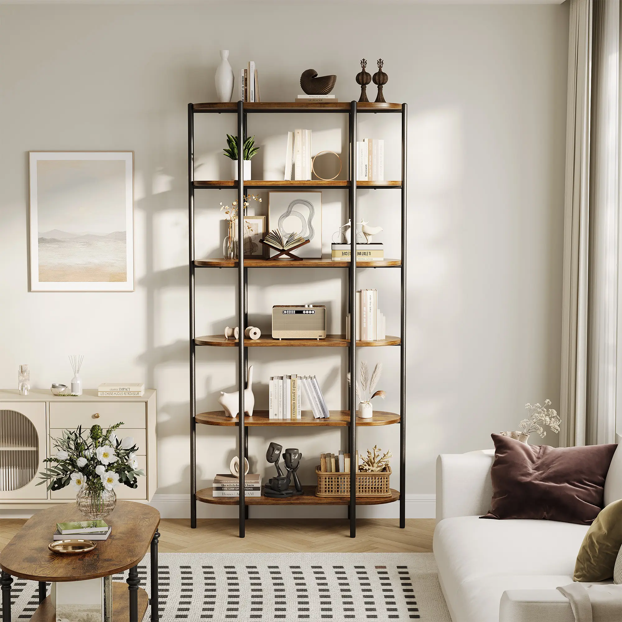 Garvee Industrial 6-Tier Tall Oval Bookshelf, Open Metal Frame Bookcase with Vintage Wood Shelves - Adjustable Feet - Display & Storage for Home Office, Living Room, Bedroom, Bathroom - Rustic Brown