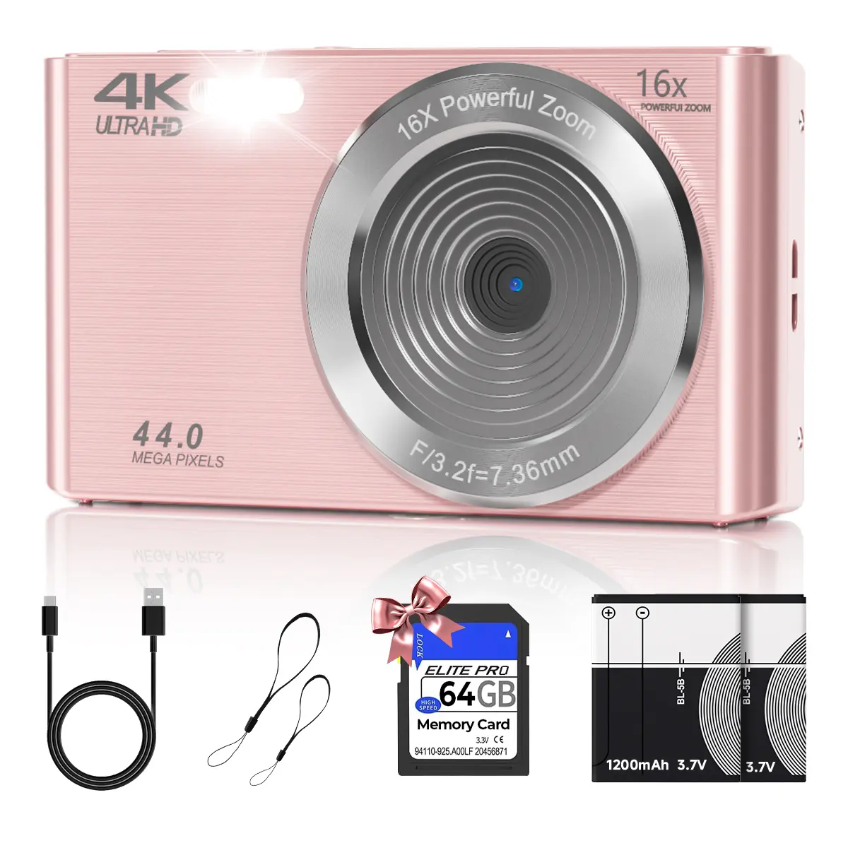 4K Digital Camera for Vlogging, Y2K Metallic Pink Compact Digicam with 44MP & 16X Digital Zoom, PC Webcam, Student Starter Kit (64GB Card & 2 Batteries)