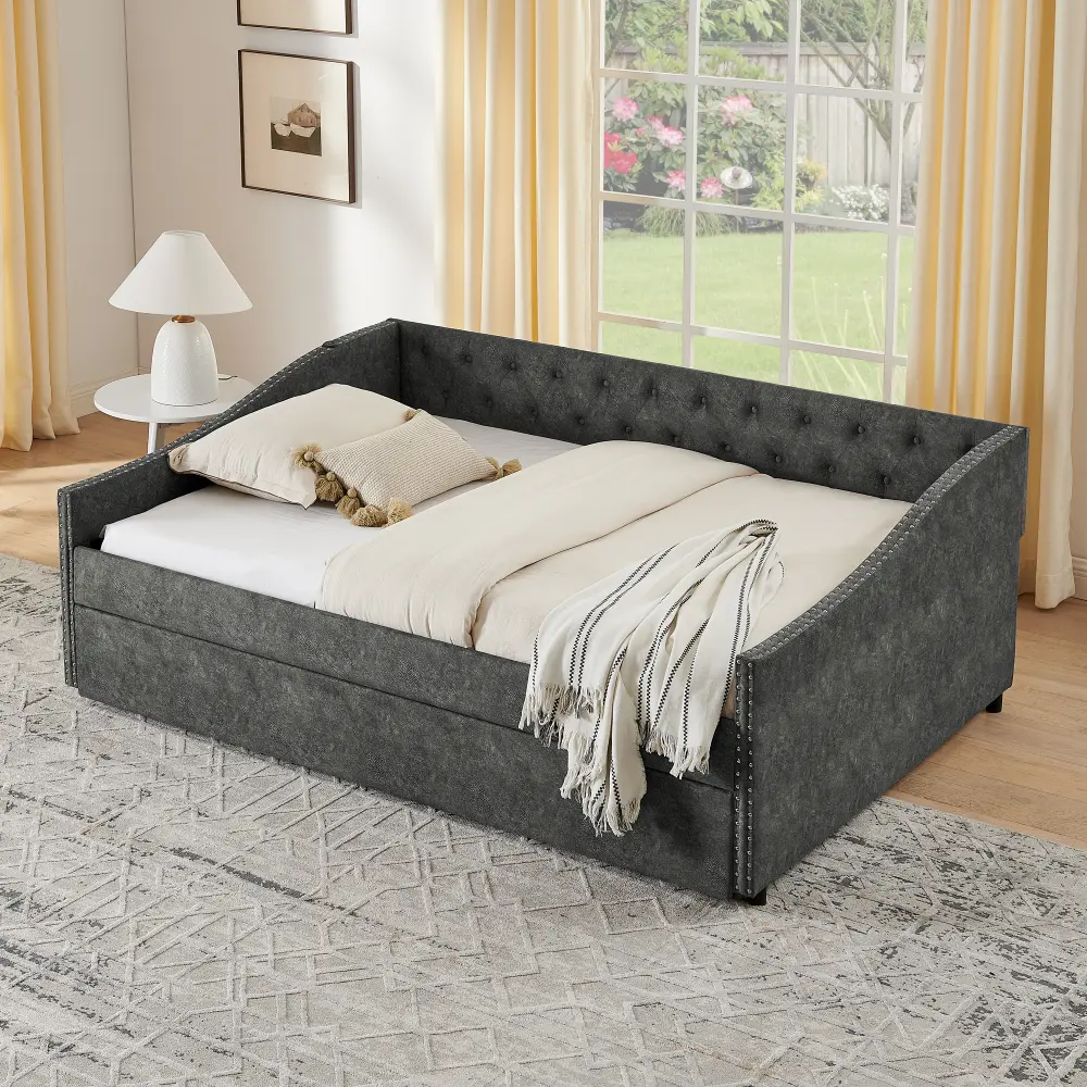 Upholstered Full-Size Daybed with Twin-Size Pull-Out Trundle Bed, USB Charge Station, Button Tufted Backrest, Wavy Arms with Copper Nailhead Trim, Convertible Sleeper Frame for Bedroom, Living Room