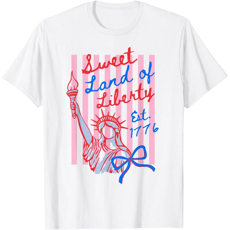 Women's Short-Sleeve T-Shirt, Sweet Land of Liberty Est 1776 Coquette Bow, USA 4th of July Themed, Overall Flat Fit, Hip-Length for Daily Wear