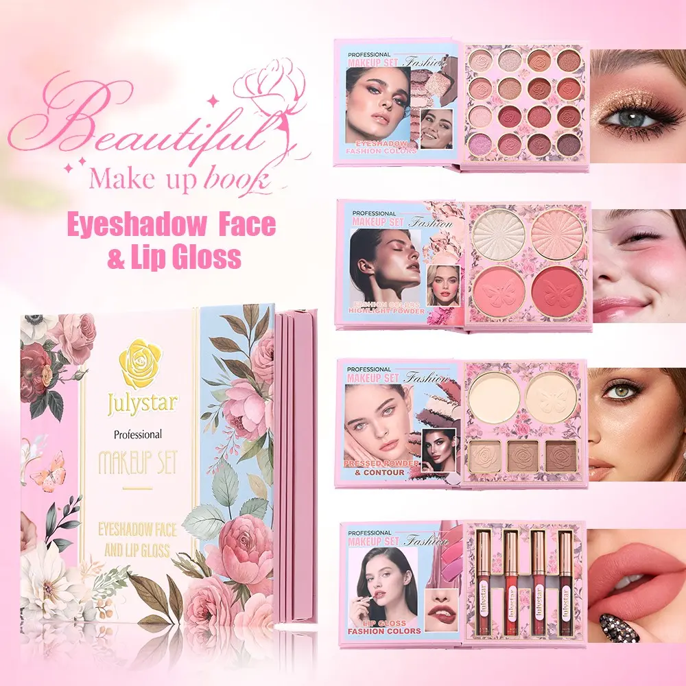 Newbie Friendly 4 In 1 Flip Makeup Palette, Makeup Sets, Beauty Set, Four Layers Include Rose Eyeshadow, Butterfly Blush Highlight, Pressed Powder Contour, Four Lip Glosses, Silky Creamy Texture No Streaky Patchy Color