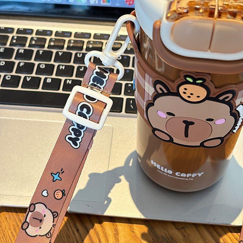 Capybara Children's Straw Insulated Cup for Kids 316 Stainless Steel Cartoon Double Drinking Diagonal Cross Travel Water Bottle