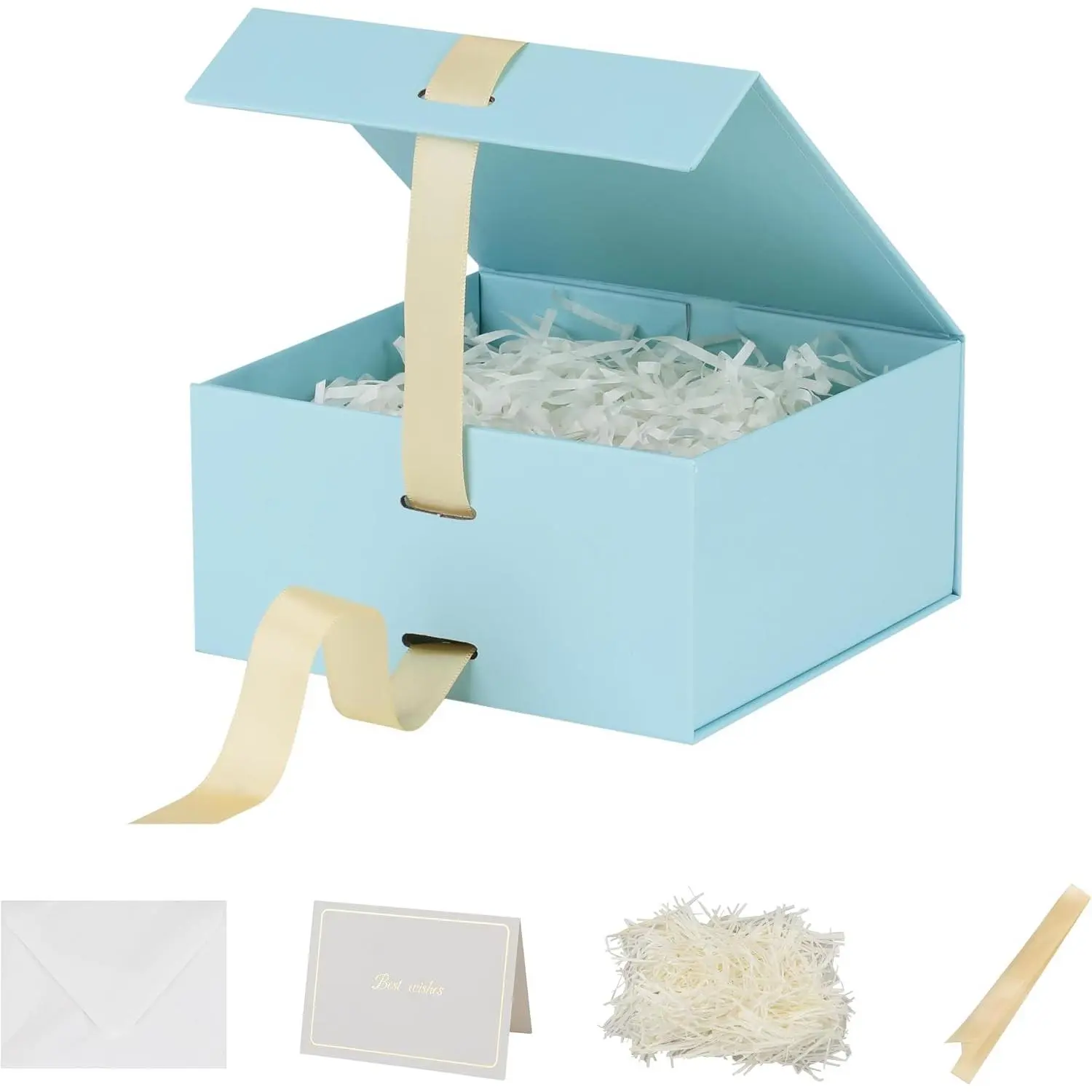 Blue Gift Box with Ribbon - 1 Pack, 6x6x3 Inch Small Collapsible Luxury Box with Lid, Magnetic Closure, Rectangle, Wedding Gifts, Shredded Paper Filler & Card