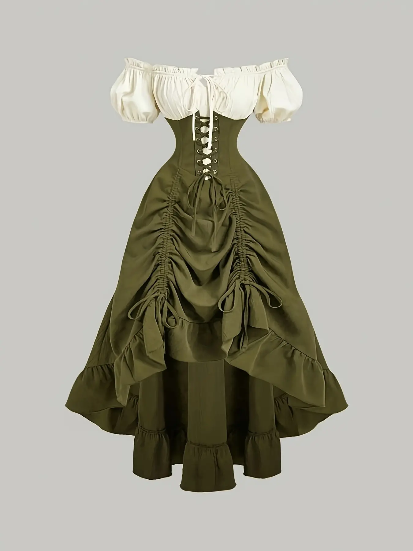Vintage Colorblock Square Neck Dress, Bubble Sleeve Waist Cinch A-Line Long Dress, Medieval Countryside Style, Elegant, Perfect for Parties and Holidays
