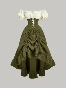 Vintage Colorblock Square Neck Dress, Bubble Sleeve Waist Cinch A-Line Long Dress, Medieval Countryside Style, Elegant, Perfect for Parties and Holidays