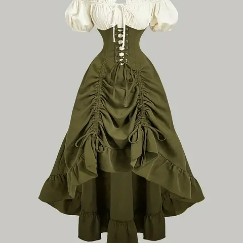 Women's Elegant Vintage Colorblock Off-Shoulder High-Low Hem A-Line Dress, Bubble Sleeves & Waist Ciched Design, Medieval Countryside-Inspired Formal Dress for Parties & Holidays, Formal Party Wear