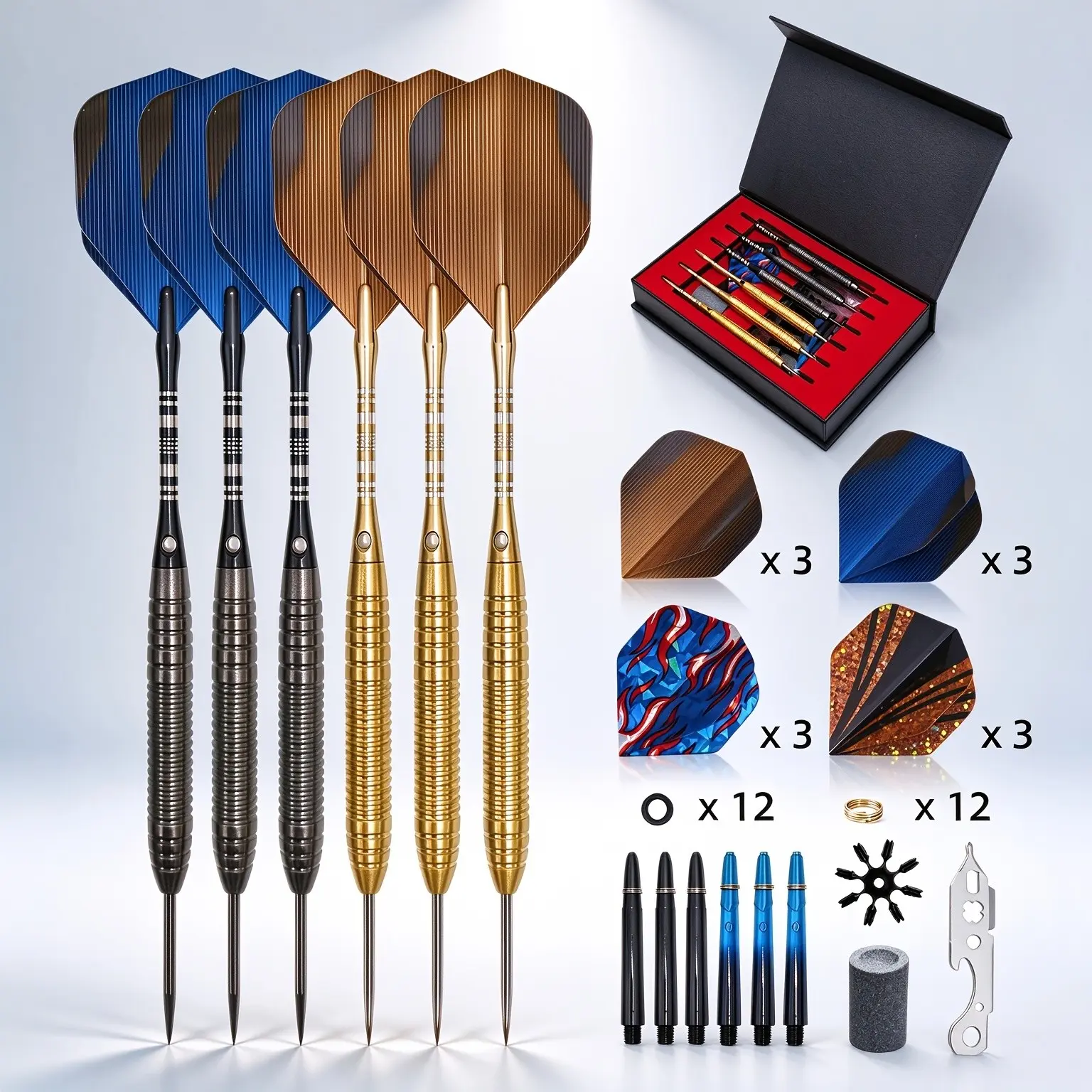 20g Professional Dart Set, Includes 12 Replaceable Standard Dart Feathers, Plastic Dart Shaft, Rubber O-Ring, Steel Ring, Sharpening Stone, Portable Case