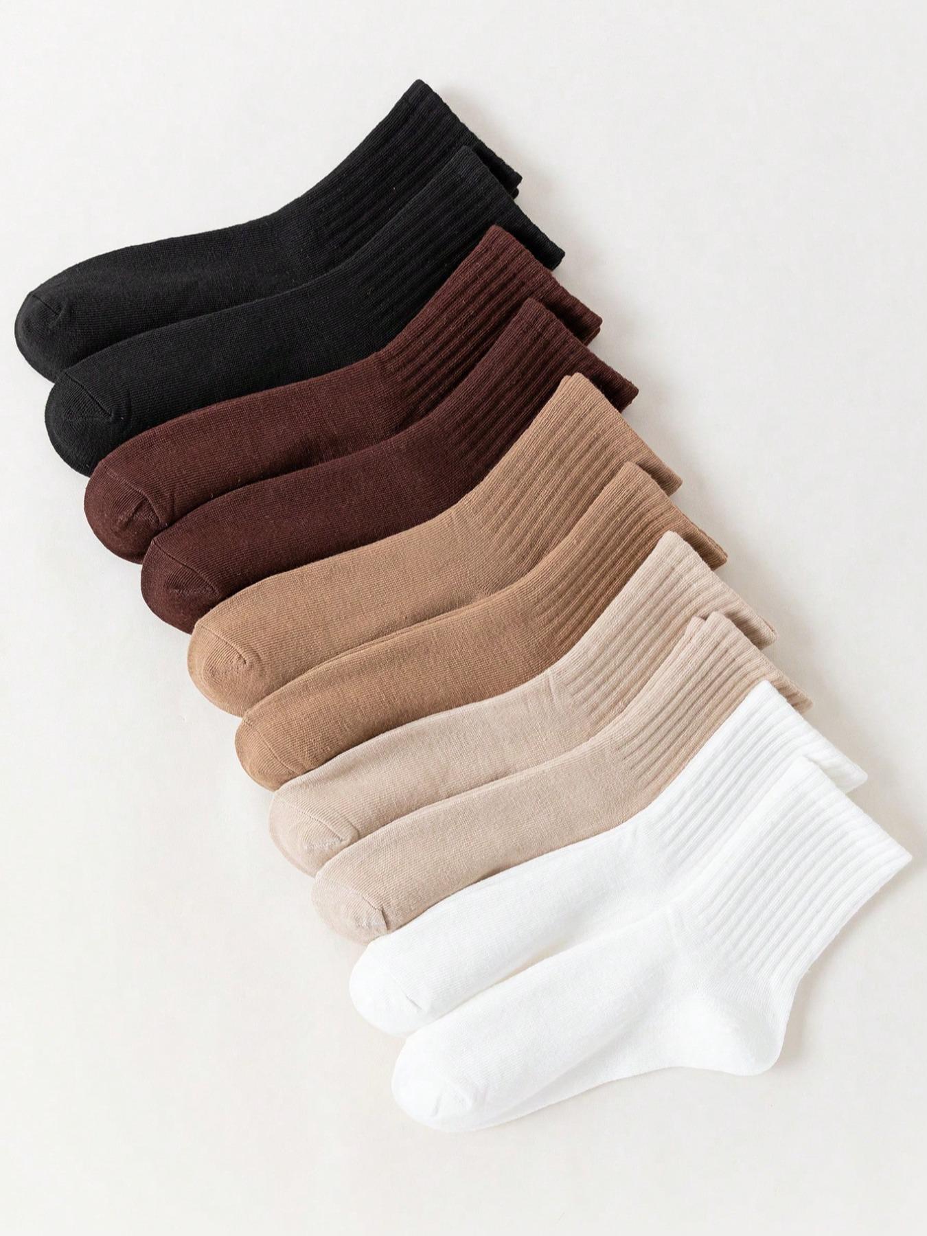 Women's 10 Pairs Minimalist Solid Crew Socks, Fashion Casual Cozy Breathable Mid-calf Socks for Daily Outdoor Wear, Basic Women Socks for All Seasons, Comfort Knit Socks for Women Girls