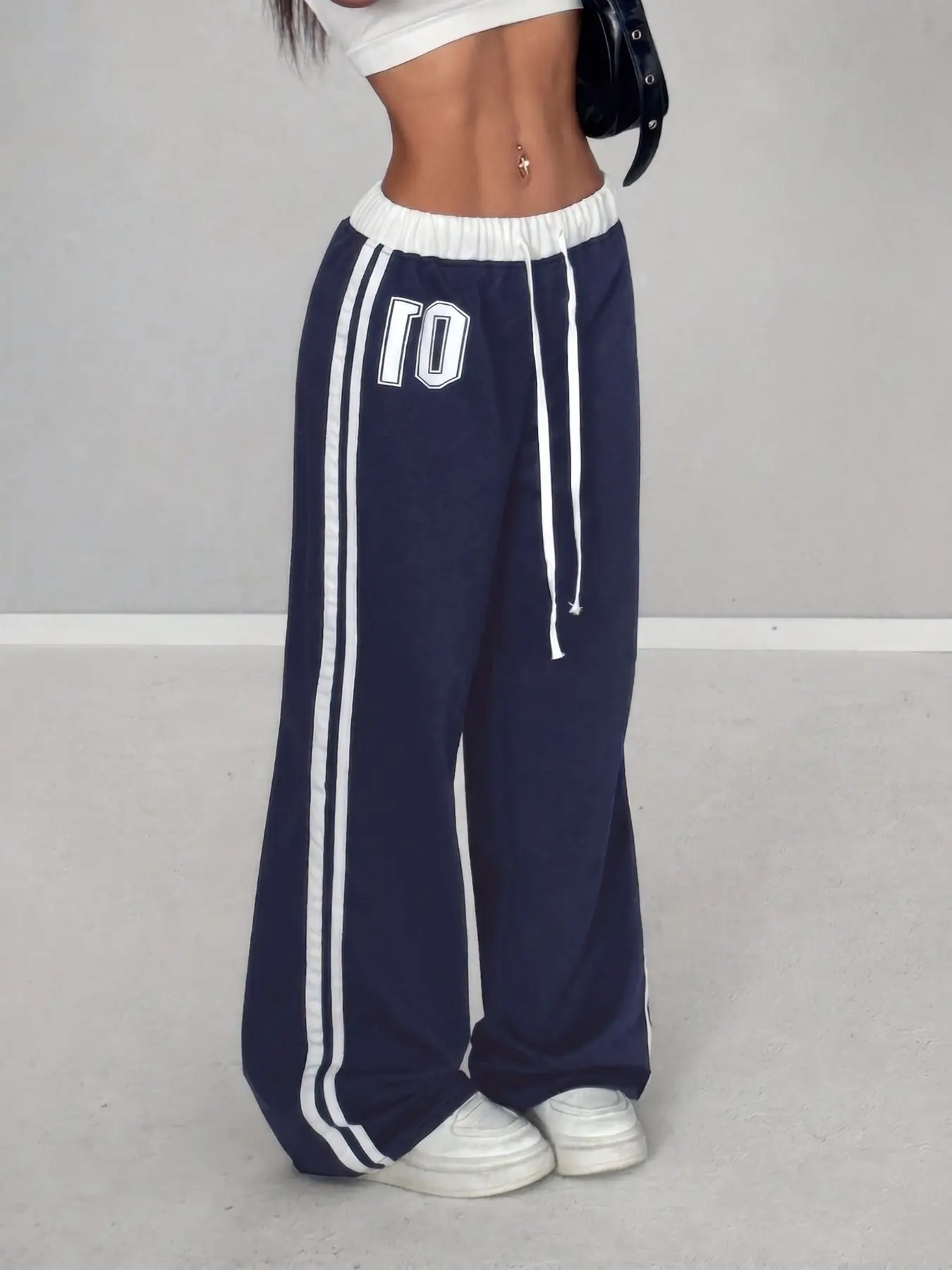 Women Trendy Casual Sporty Varsity Contrast Track Pants Dark Blue White Dual Side Stripes 10 Letter Patch Elastic Waist Loose Baggy Separable Street Bottom