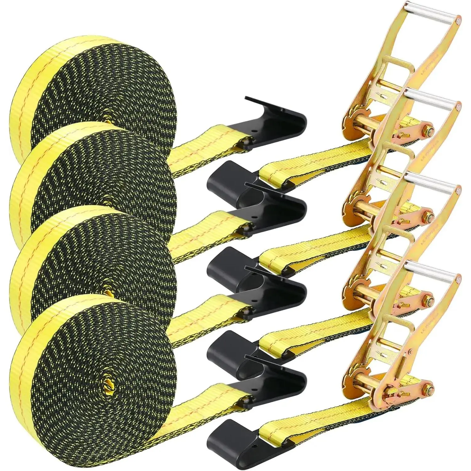 4 Pack 2 in x 27 FT Flat Hook Ratchet Straps (11,000 lbs Break Strength), Heavy Duty Tie Down Straps for (Yellow)