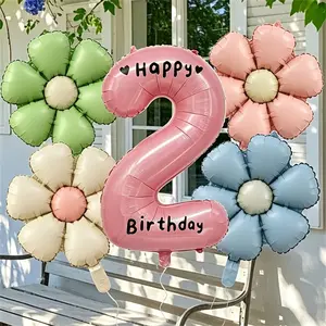 32" Pearl Number Foil Balloon Set, Pastel Daisy Flowers & Birthday Stickers, Elegant Party Decor for Bridal Shower, Wedding, Anniversary