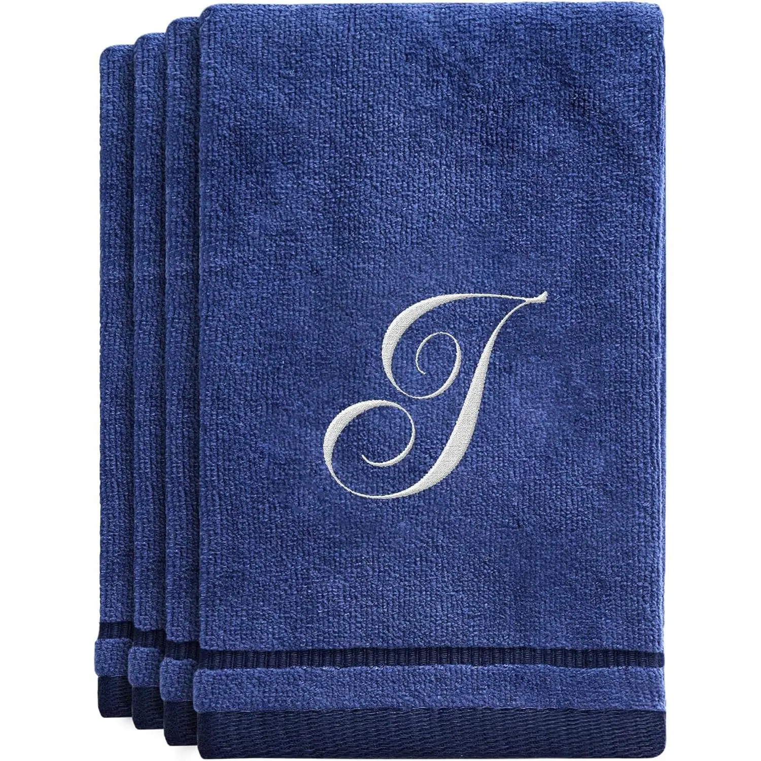 Navy Blue Monogrammed Towels with Initials - 4 Pack Super Absorbent Bathroom Fingertip Cotton Towel with Soft Velour Finish - Personalized Gifts for Freinds & Family 11"x18" Initial J