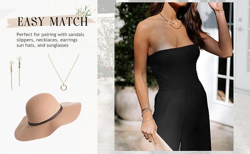 Women's Summer Sleeveless Strapless Wide Leg Jumpsuits Casual Loose Baggy Smocked Chiffon Jumpsuit Rompers with Pockets