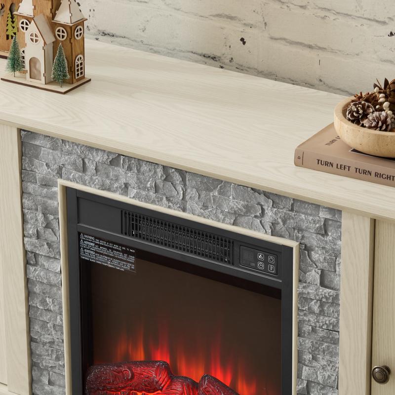 [Bellemave]58" Modern TV Stand with 2-Door Storage & 18" Electric Fireplace, Faux Stone Media Console Cabinet, White Large Entertainment Center for Living Room