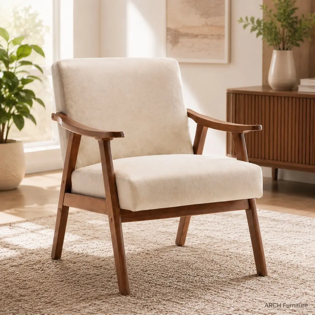 Mid-Century Modern Wingback Accent Armchair with Real Wood Frame, Curved Design, Earth Tone, 300lb Capacity, Extra-Thick Backrest for Living Room, Bedroom, Quick Assembly