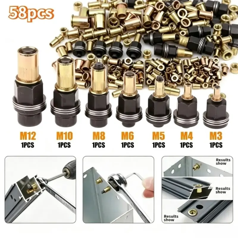 58pcs Manual Rivet Gun Head Full-size Set M3-M12 Rivet Nut Manual Tool Easy To Use and Durable Tool Set Suitable for Automotive Home Decoration, Various Metal Connection DIY Tools Hand Tools