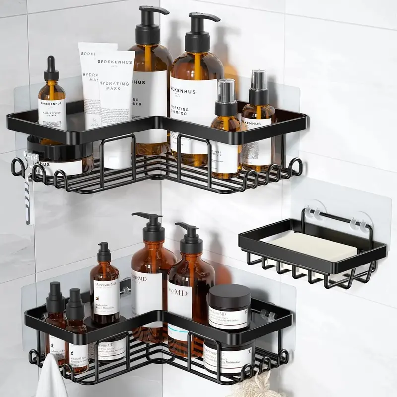 Shower Shelf, 3 Counts/set Including 2 Stainless Steel Shower Caddy & 1 Soap Holder, Corner Rack with Hook, Punch-free Bathroom Organizer, Home Goods, Bathroom Accessories