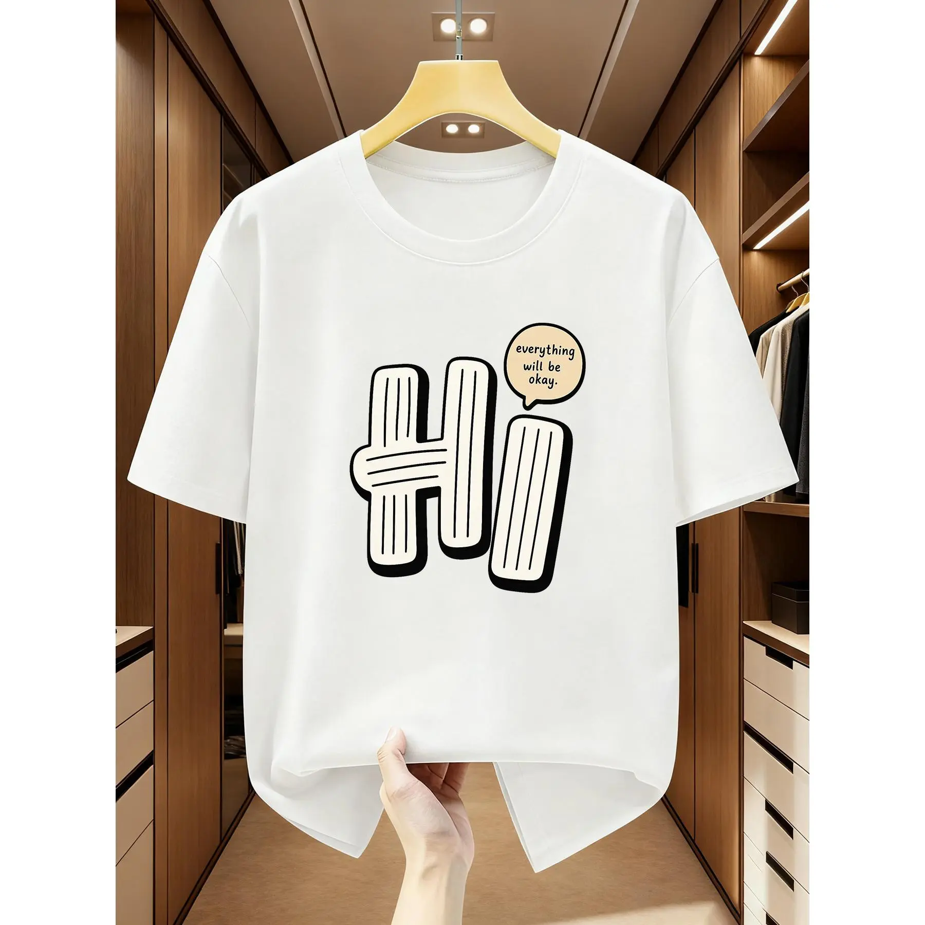 100% Cotton Casual Oversized T-Shirt, Hi Everything Will Be Okay Bubble Font Speech Bubble Positive Quote Graphic Tee Neutral Warm Minimal Feel Good Short Sleeve Top Trendy Encouraging Gift For Women Teen Relaxed Daily Streetwear Fashion Lovers