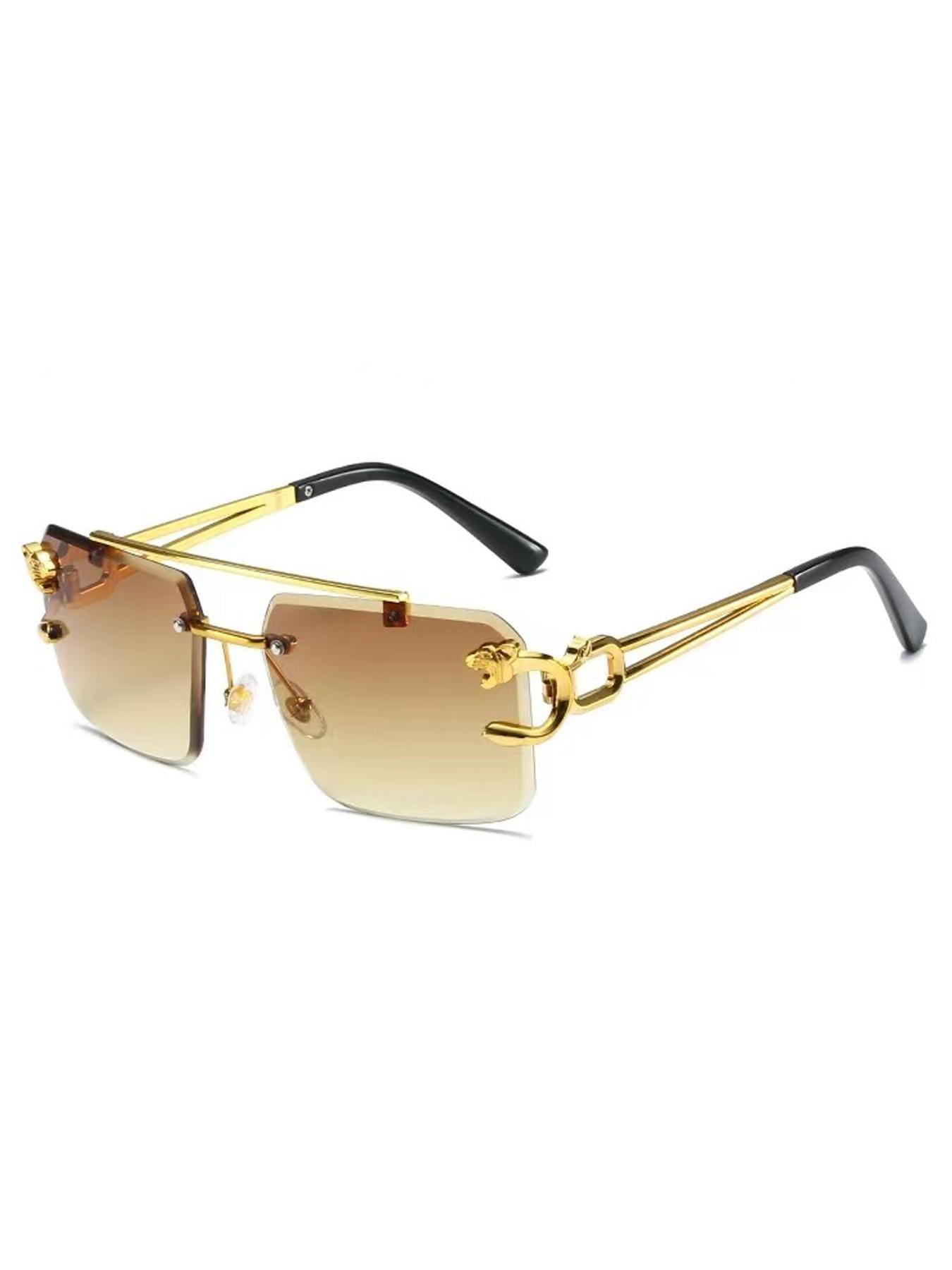 Luxury Square Gold Frame Fashion Sun Glasses Metal Leopard Rimless Sunglasses Double Bridges Gradient Ocean Film Shades UV400 Trendy Casual Sunglasses