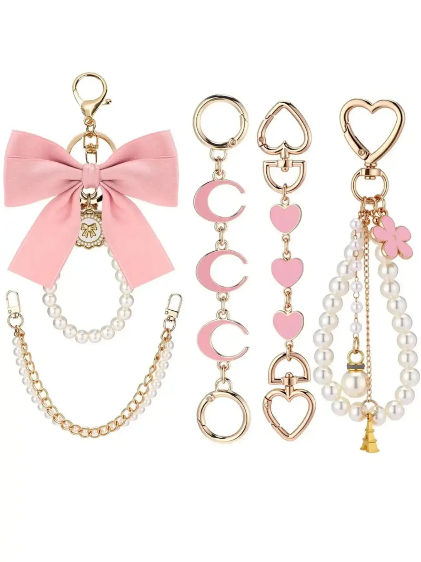 5-Piece Set: Bag Extender Chain, Gold Pearl Bag Chain, Ribbon Bow Keychain, Bag Extension Strap, Handbag Charm Accessories, Trendy Bag Charms, Fashion Bag Charms, Cute Bag Charms, Tote Bag Charms, Purse Charms, Handbags Bag Accessory