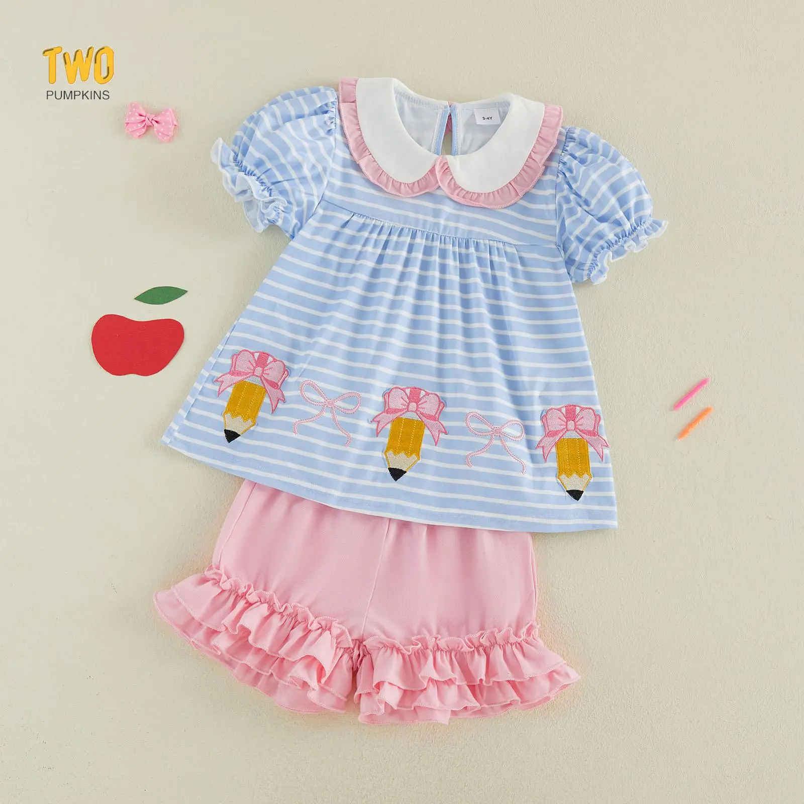 Little Girls Back To School Outfit Set Short Sleeve Striped Peter Pan Top Ruffle Shorts Kids Pencil Bow Clothes