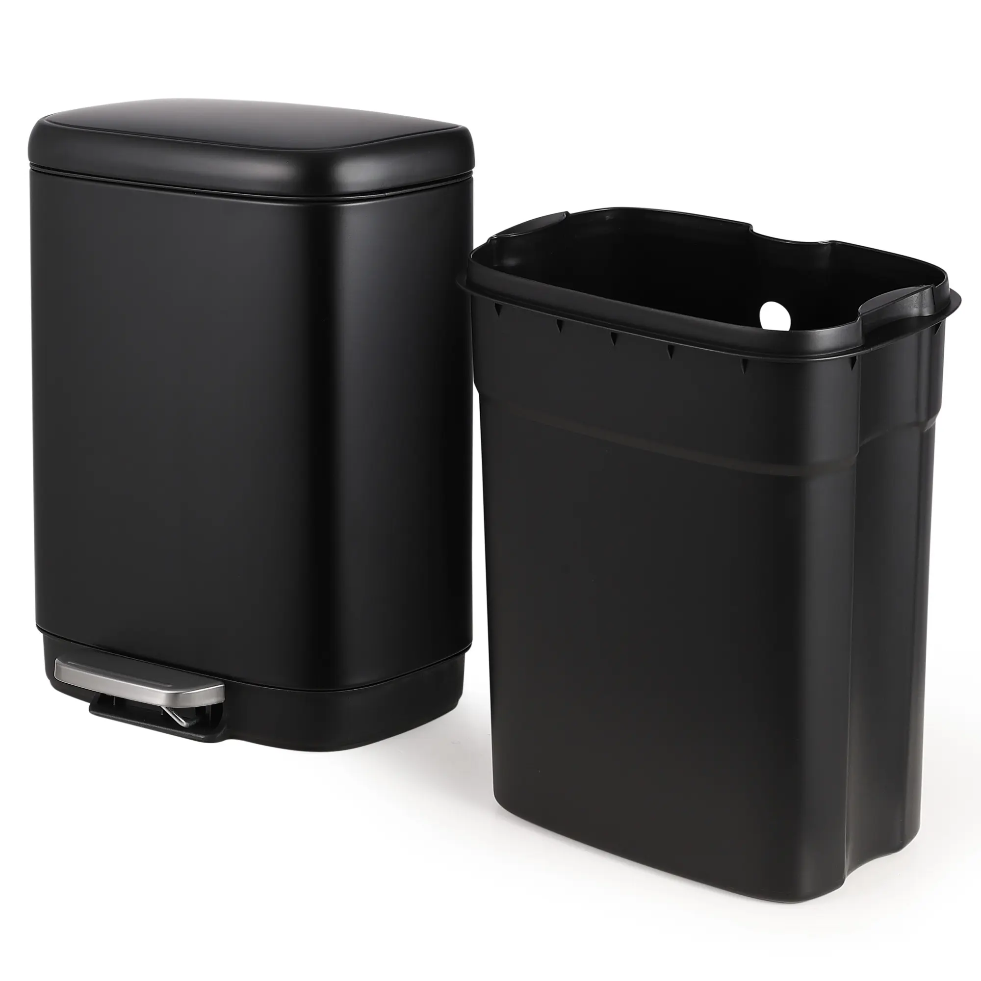 12L/3.2 Gal Stainless Steel Step Trash Can with Soft-Close Lid, Removable Inner Bucket, Fingerprint-Resistant Slim Rectangular Small Garbage Bin, Hands-Free Pedal Waste Basket for Bathroom, Kitchen, Bedroom, Office & Nursery, Black/White/Grey