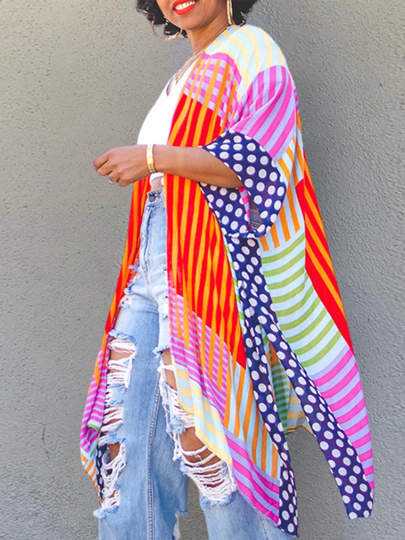 Women's All Over Striped Print Split Hem Batwing Sleeve Kimono, Loose Casual Half Sleeve Open Front Outerwear for Daily Wear, Coats for Women, Ladies Clothes for All Seasons, Baggy Womenswear