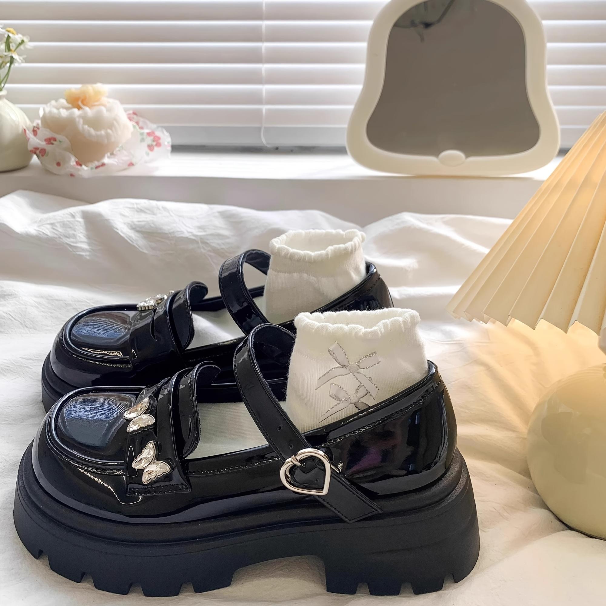 Girls' Mary Jane Shoes with Butterfly Decoration, Patent Leather Thick Sole with Velcro, Casual Lolita Style, Girls' Daily Shoes