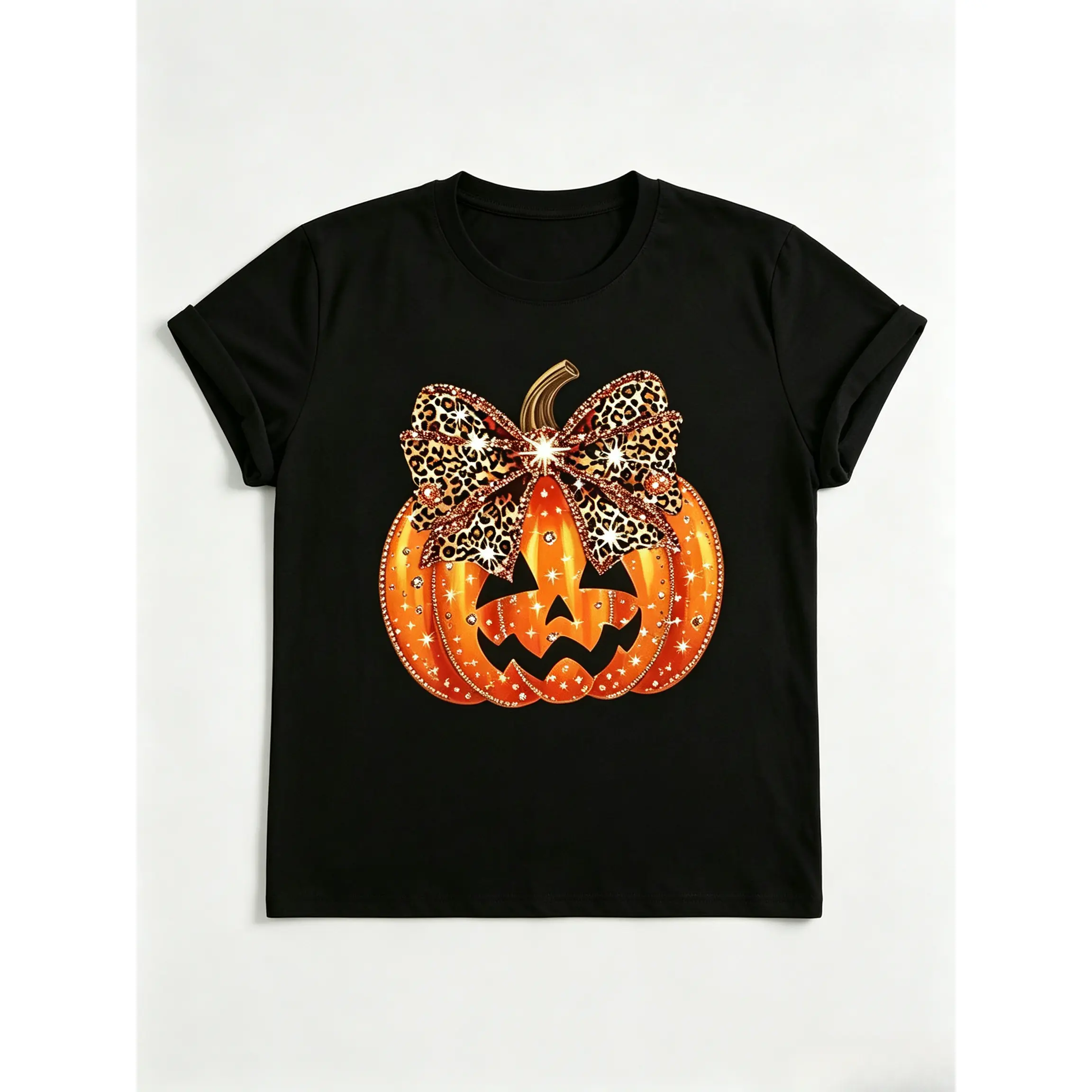 Halloween Leopard Bow Rhinestone Pumpkin T-Shirt, Sparkly Jack O Lantern Graphic Tee, Cute Fall Spooky Season Casual Short Sleeve Top For Women