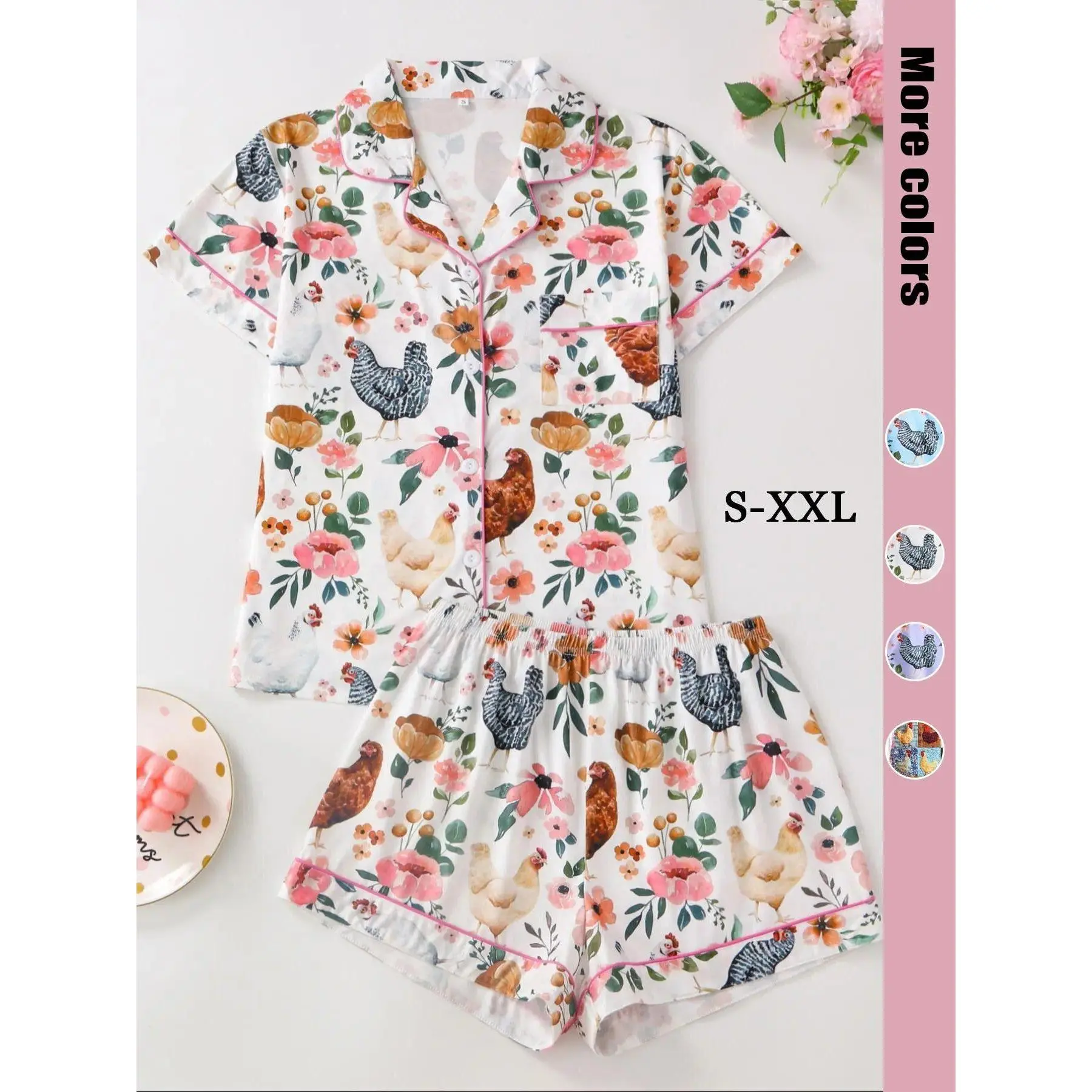 Women’s Floral and Chicken Print 2 Piece Pajama Set, Short Sleeve Shirt and Matching Shorts, Soft Breathable Sleepwear Loungewear