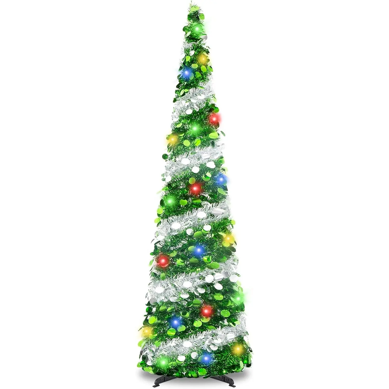 5Ft Pop Up Christmas Tree with Lights, Collapsible Pencil Tree Green , Skinny Christmas Tree Slim Xmas Tree, Artificial Tinsel Tree Foldable for  Apartment Holiday Party Winter Decor
