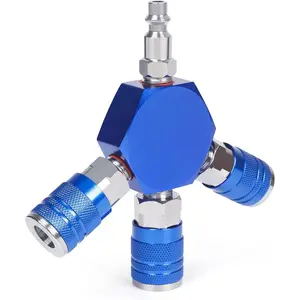 Connect Fittings Air Splitter, 1/4 Inch NPT 3-Way Air Manifold With 3 Pieces Industrial Quick 1/4NPT Couplers And Plug, Hex Style Air Compressor Hose Accessories Quick Connect Fittings