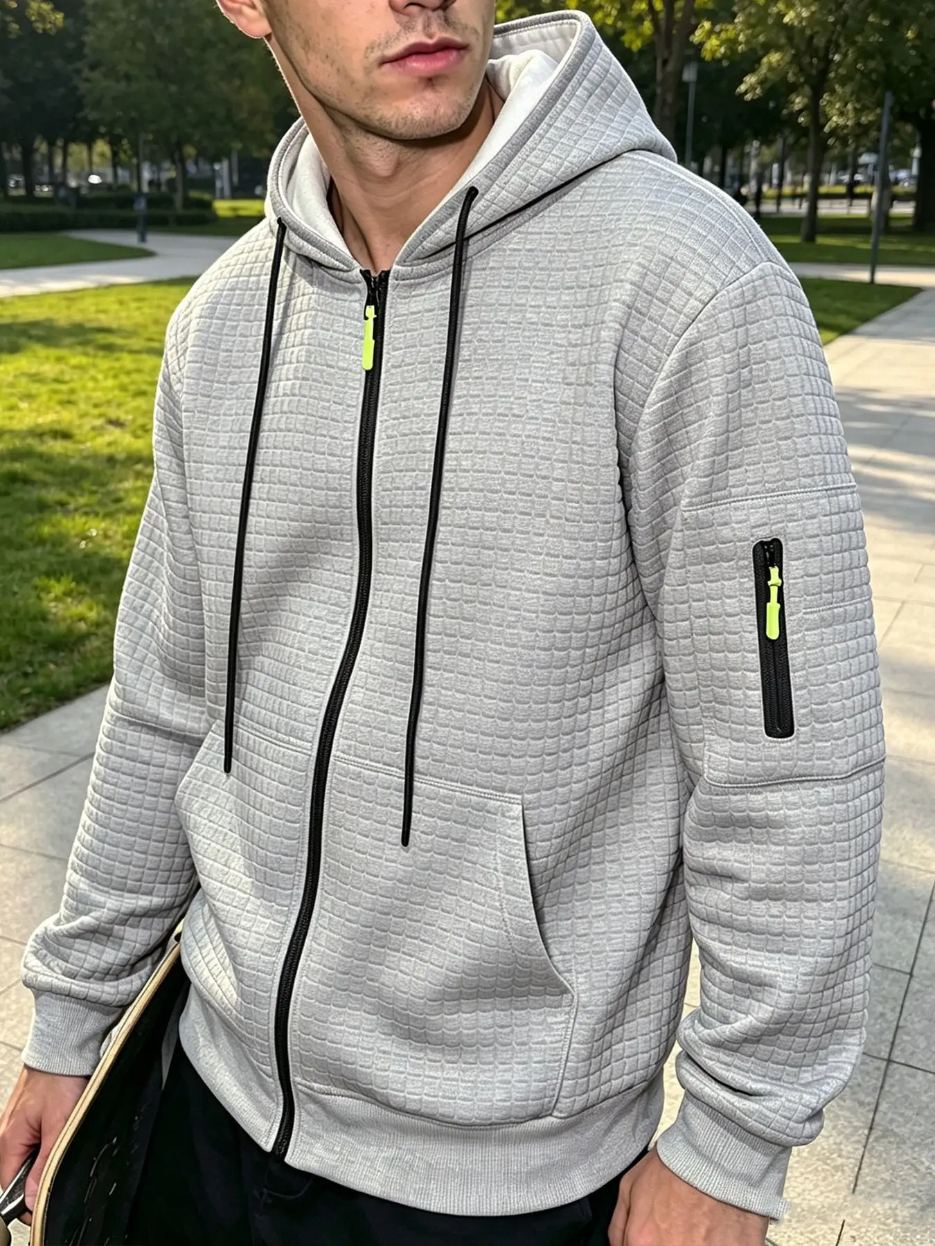 Men's Fall Winter Waffle Jacket, Zipper Pockets, Comfortable Casual Outerwear, Warm Hooded Pullover, Ideal for Outdoor Activities