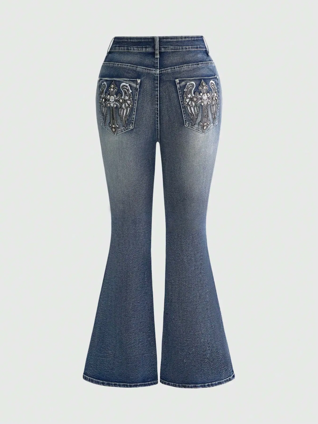 Women's Punk Rock Fashion Style Jeans, Vintage Cross Wings Embroidery Rhinestone Bell Bottoms, Casual Slim-Fit Denim for All Seasons