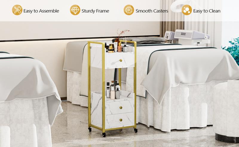 OmySalon Salon Trolley Cart with Wheels, Esthetician Cart with 3 Drawers & 2 Trays, Mobile Storage Organizer for Beauty Spa Massage Tattoo Esthetic Facial Tool Holder Station, White Marble