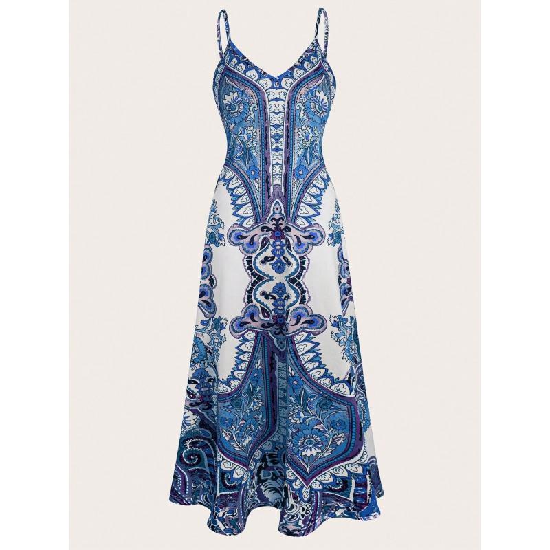 Women's Summer Vintage China Print Casual Long Dress – Loose Beach Cover-Up, Adjustable Spaghetti Strap Flowy Artistic Sundress
