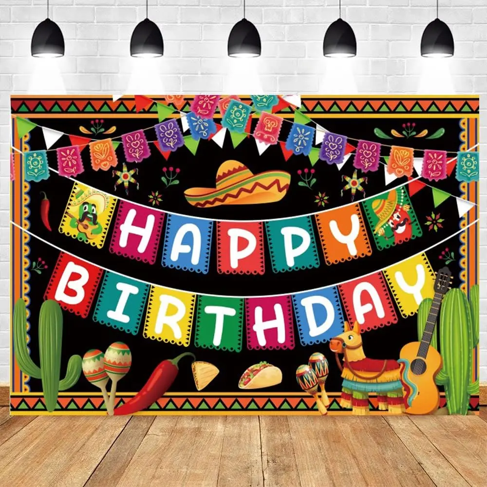 Mexican Happy Birthday Backdrop 5.9x3.6Ft Mexican Party Decorations Fiesta Theme Backdrop Mexico Cinco De Mayo Carnival Decors Taco Twosday Birthday Party Colorful Banner Photography Background