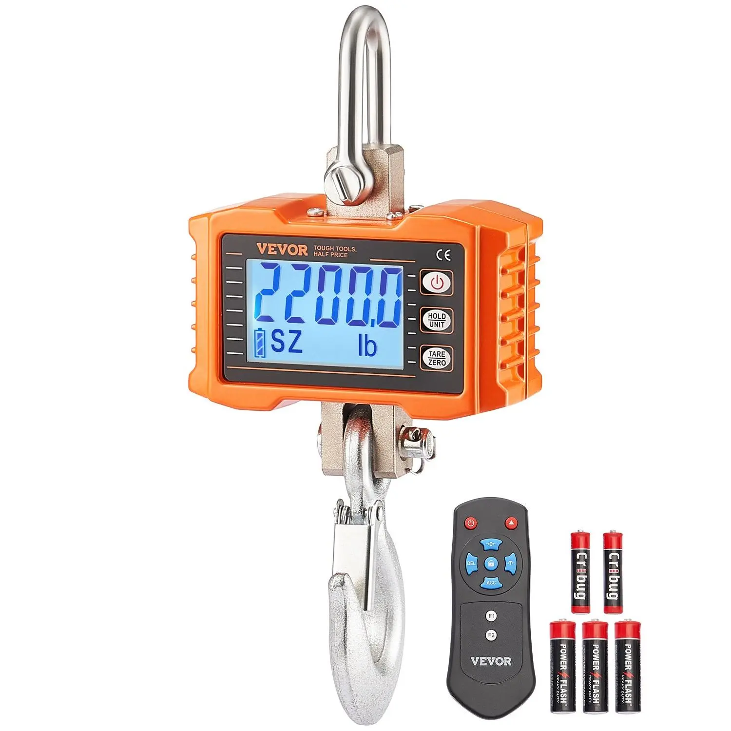 VEVOR Digital Crane Scale, 2200lb/1000kg, Industrial Heavy-Duty Hanging Scale with Remote Control, Cast Aluminum Case, LCD Screen, High Precision for Construction, Farm (Orange), Pounds/Lbs
