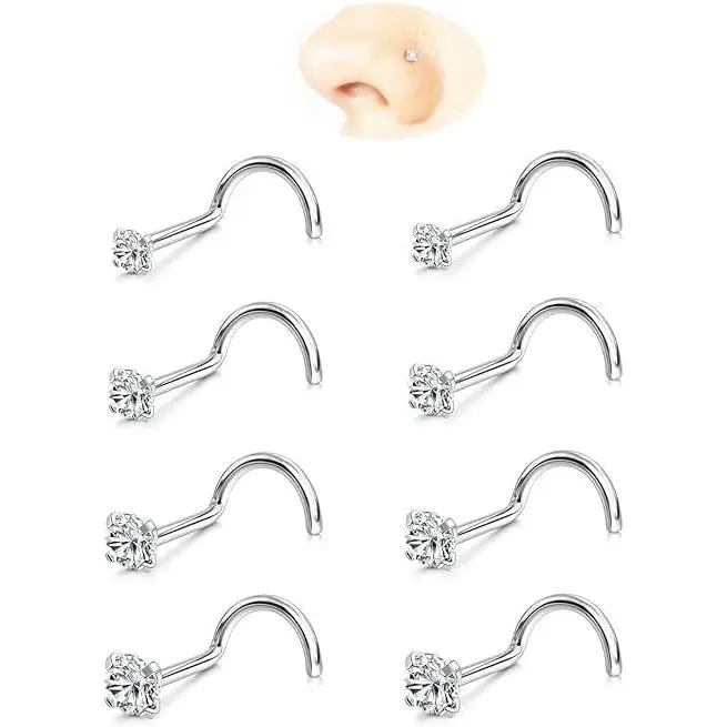 Nose Rings Studs: 8Pcs 20G/18G Gold/Silver 316L Surgical Stainless Steel Nose Studs Hypoallergenic Corkscrew Nose Piercing Stud Jewelry for Women Men Clear Cubic Zirconia Imitation Diamond Top Size 1.5mm 2mm 2.5mm 3mm