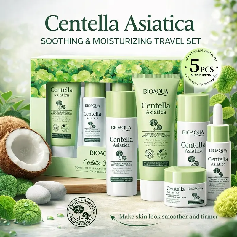 Centella Essence Set (5-Piece), Hyaluronic Acid, Hypoallergenic, Gentle & Portable, Facial Skincare Travel Kit, Cleansing + Hydrating + Moisture + Firming, Collagen & Ha Rich, Unisex