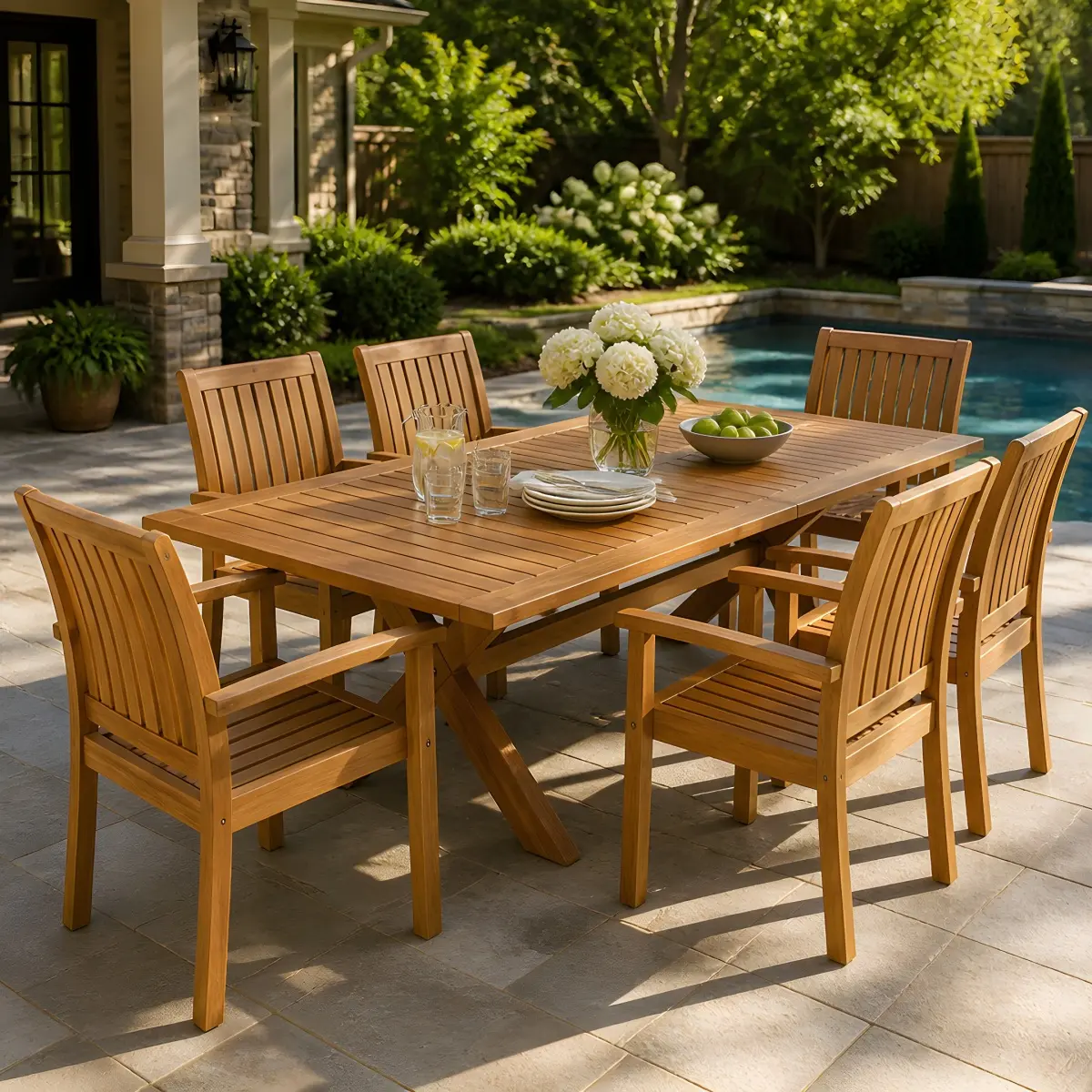 Aobtkel Christopher Knight Home® 7-Piece Acacia Wood Outdoor Dining Set - 6 Chairs, 1 Rectangular Natural Grain Slats Panel Dining Table, for Lawn, Backyard, Extendable Table