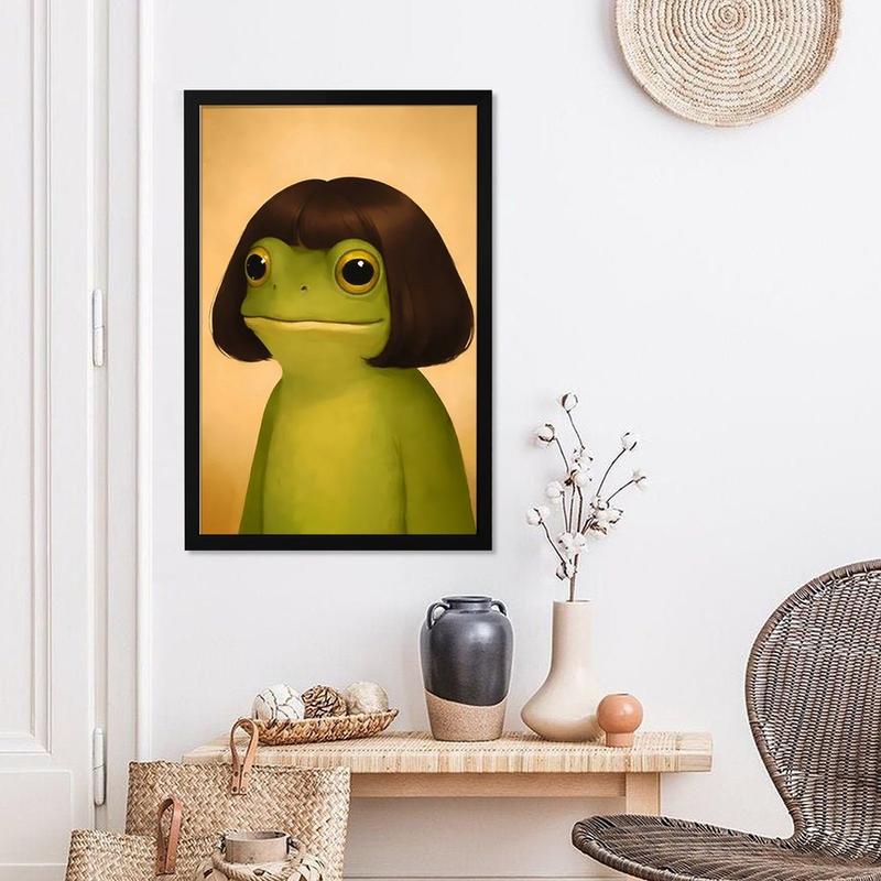 wooden frame Whimsical Frog Portrait Art With Bob Haircut (Frame)- Funny Animal Wall Art Poster Black Or Gold Framed Acrylic Wall Hanging Painting Canvas Painting Wall Painting Canvas Poster Decorative Painting Hallway Home Decoration