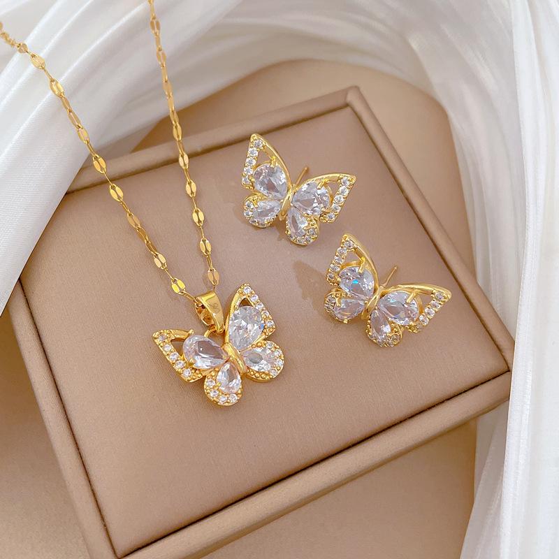 Zircon butterfly necklace earpin set, versatile, niche, light luxury, high-end and simple collarbone chain jewelry set