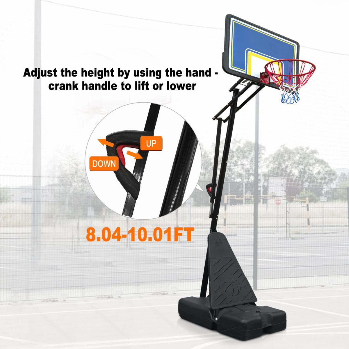 [Fahuac] Portable Basketball Hoop Height Adjustable 8-10ft - 39x26in Polycarbonate Backboard, Heavy-Duty Steel, Water/Sand Fillable Base, Indoor Outdoor.