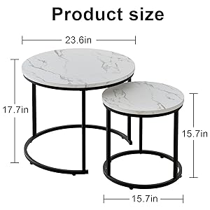 Round Nesting Coffee Table Side Table Set of 2 End Tables for Living Room Bedroom Balcony, White Faux Marble Wooden Table Accent Coffee Table with Black Steel Frame