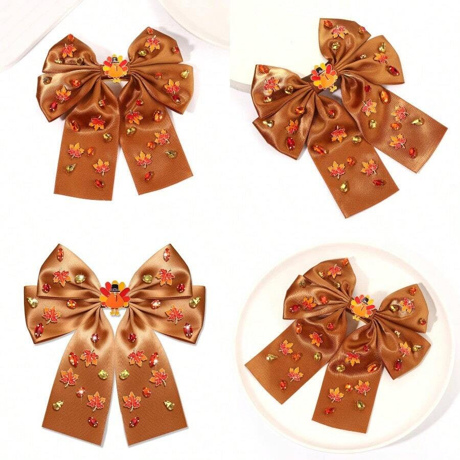 Girls Harvest Turkey Maple Leaf Hair Bow Clips Jeweled Hair Barrettes Thanksgiving Party Favors Gifts Turkey Leaf Brown