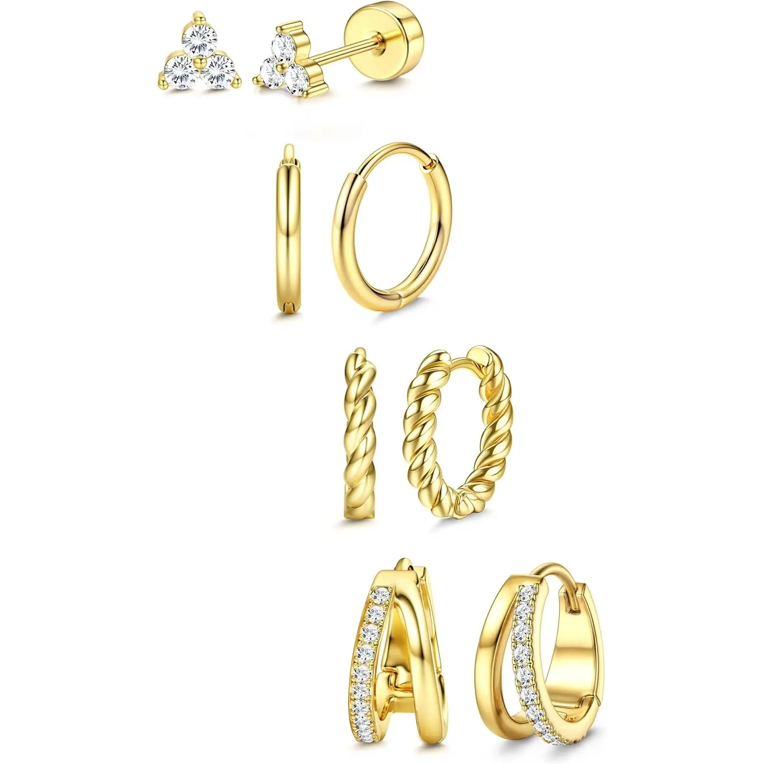 ORAZIO Small Hoop Earrings for Women - Hypoallergenic 14K Plated Gold Surgical Steel Chunky Huggie Earings Stacks Set Dainty Cute Cartilage Flat Back Stud Jewelry Trendy Gift 4 Pairs