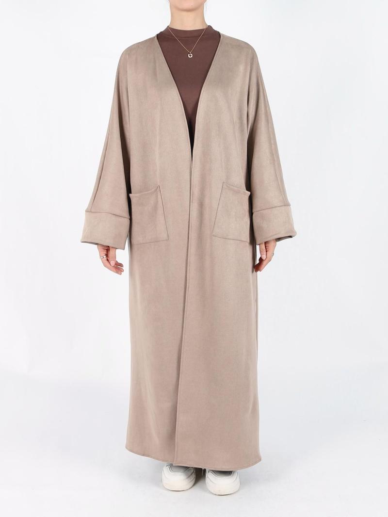 Women's Solid Long Sleeve Open Front Suede Coat, Elegant Long Sleeve Pocket Design Long Coat for Fall & Winter, Women's Islamic Clothing for Daily Wear, Modest Muslim Outfits